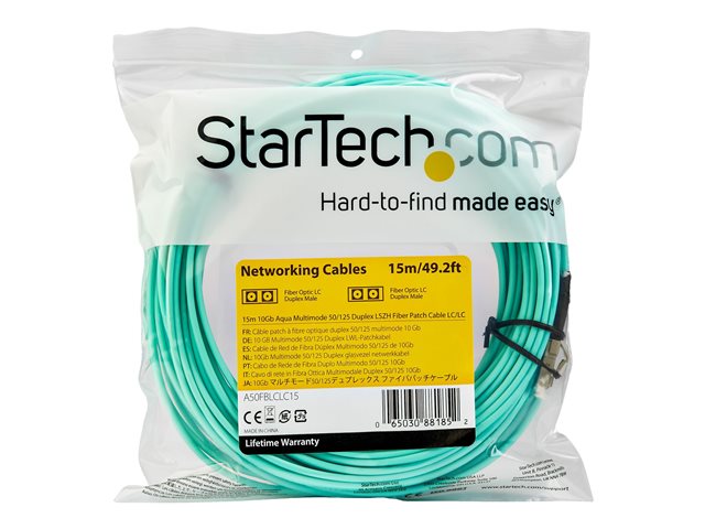 StarTech.com 15m OM3 LC to LC Multimode Duplex Fiber Optic Patch Cable - Aqua - 50/125 - LSZH Fiber Optic Cable - 10Gb (A50FBLCLC15) - Patch cable - LC multi-mode (M) to LC multi-mode (M) - 15 m - fibre optic - duplex - 50 / 125 micron - OM3 - halogen-free - aqua - for P/N: SV565FXHD4KU