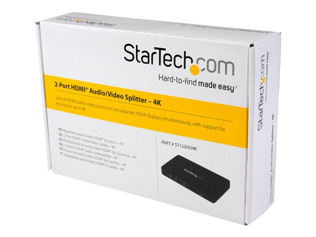 StarTech.com HDMI Splitter 1 In 2 Out - 4k 30Hz - 2 Port - Aluminum - HDMI Multi Port - HDMI Audio Splitter (ST122HD4K) - Video/audio switch - 2 x HDMI - desktop - for P/N: SVA5H2NEUA