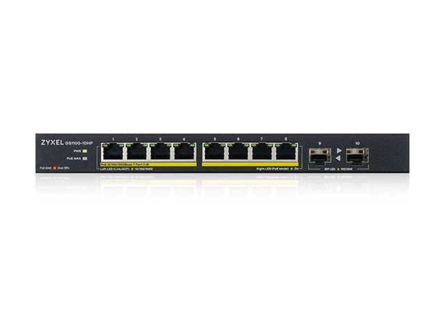 Zyxel GS1100-10HP - Switch - unmanaged - 8 x 10/100/1000 (PoE+) + 2 x Gigabit SFP - desktop, wall-mountable - PoE+ (130 W)