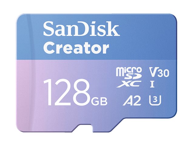 SanDisk Creator - Flash memory card (microSDXC to SD adapter included) - 128 GB - A2 / Video Class V30 / UHS-I U3 - microSDXC UHS-I