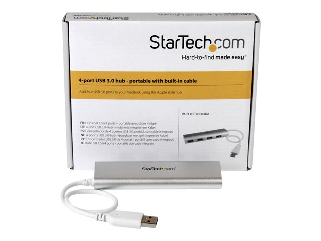 StarTech.com 4 Port Portable USB 3.0 Hub with Built-in Cable - Aluminum and Compact USB Hub (ST43004UA) - Hub - 4 x SuperSpeed USB 3.0