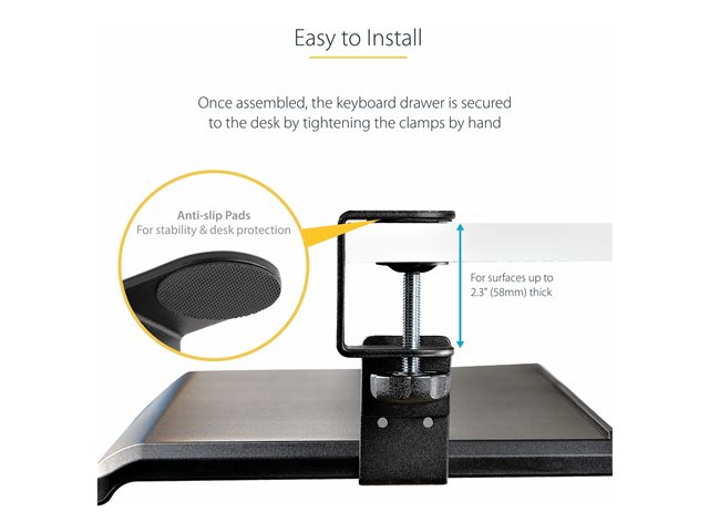 StarTech.com Under-Desk Keyboard Tray, Clamp-on Keyboard Holder, Supports up to 12kg (26.5lb), Sliding Keyboard and Mouse Drawer with C-Clamps, Height Adjustable Keyboard Tray - Black - Ergonomic Keyboard Tray (KEYBOARD-TRAY-CLAMP1) - Keyboard tray -