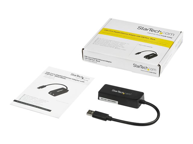 StarTech.com USB 3.0 Ethernet Adapter - USB 3.0 Network Adapter NIC with USB Port - USB to RJ45 - USB Passthrough (USB31000SPTB) - Network adapter - USB 3.0 - Gigabit Ethernet - black - for P/N: TB33A1C