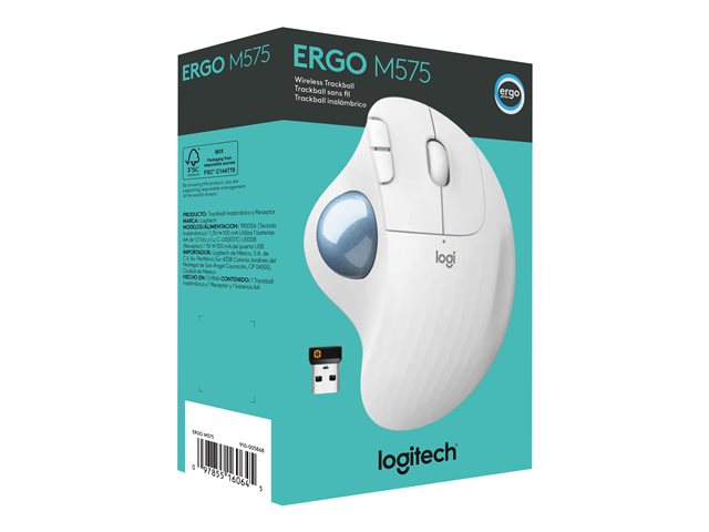 Logitech Ergo Series ERGO M575 - Trackball - optical - 5 buttons - wireless - Bluetooth 5.0 LE, 2.4 GHz - USB wireless receiver - off white