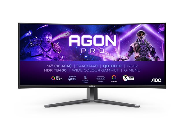 AOC AGON PRO AG346UCD - OLED monitor - gaming - curved - 34\" - 3440 x 1440 @ 175 Hz - 15000000:1 - DisplayHDR 400 True Black - 0.03 ms - 2xHDMI, DisplayPort - speakers - dark grey