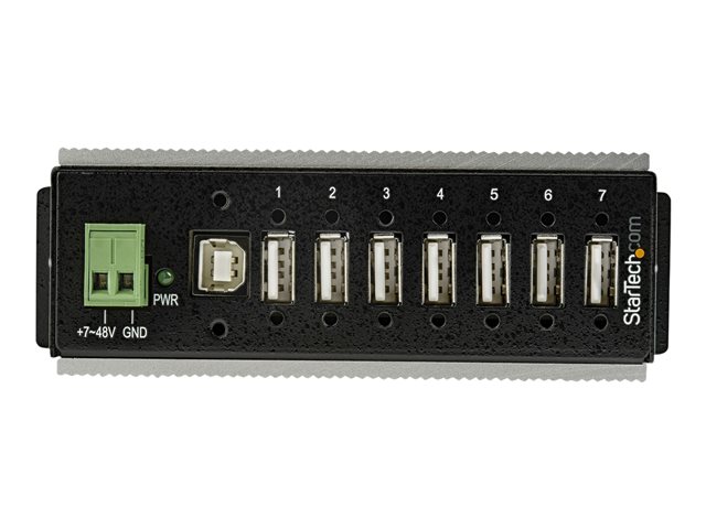 StarTech.com 7 Port USB 2.0 Hub, Metal Industrial USB-A Hub (7x USB-A) with ESD & Surge Protection, Extended Operating Temp -40 to 185°F, Din Rail/Wall/Desk Mountable, USB Expander, Rugged - Windows/macOS/Linux (HB20A7AME) - Hub - 7 x USB 2.0 - DIN rail mountable - DC power - TAA Compliant - for P/N: ITB20D3250