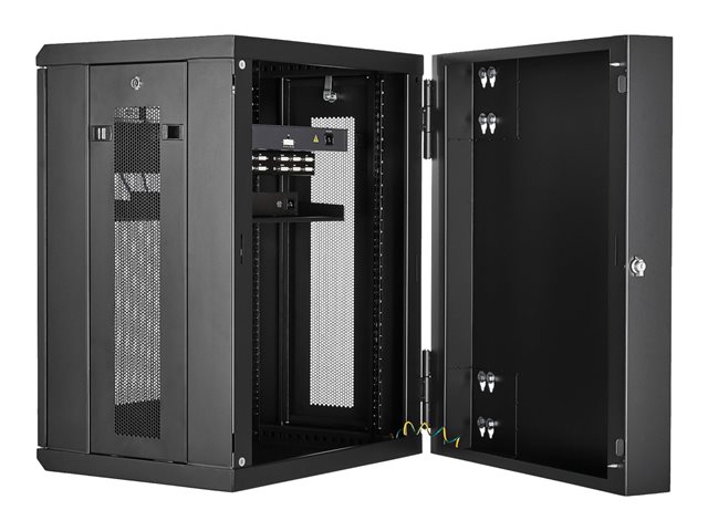 StarTech.com 15U 19\" Wall Mount Network Cabinet, 16\" Deep Hinged Locking IT Network Switch Depth Enclosure, Assembled Vented Computer Equipment Data Rack with Shelf & Flexible Side Panels - 15U Vented Cabinet - Rack cabinet - 4-post - wall mountable - black - 15U - 16\"