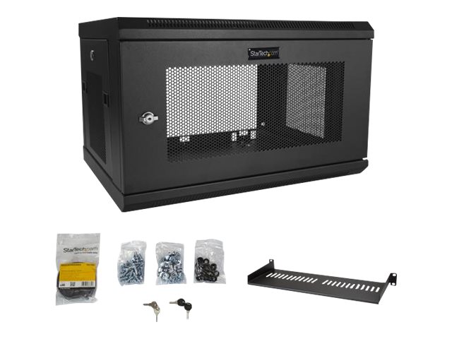 StarTech.com 2 Post 6U 19\" Wall Mount Network Cabinet, 15\" Deep Locking IT Switch Depth Enclosure, Vented Computer/Electronics Equipment Data Rack with Shelf & Hook & Loop Tape /Assembled - 19 Inch Wall Cabinet (RK616WALM) - Rack enclosure cabinet - wall mountable - black - 6U