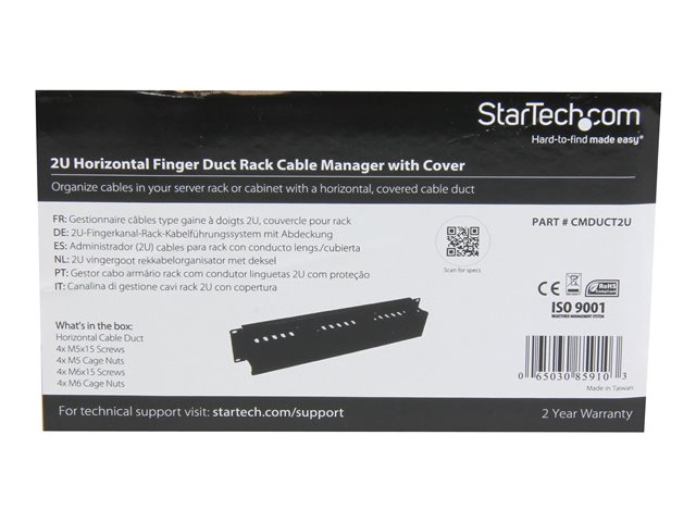 StarTech.com Horizontal 2U Server Rack Cable Management Finger Duct w/ Cover - 19\" Network Rack Wire Duct Raceway Panel - Slotted Wire Duct (CMDUCT2U) - Rack cable management panel - black - 2U - 19\" - for P/N: RACK-18U-20-WALL-OA, RACK-21U-20-WALL-O