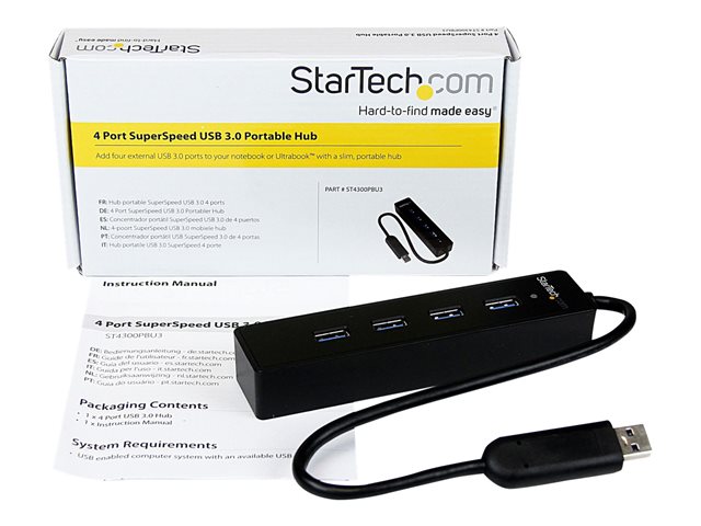 StarTech.com 4-Port USB 3.0 Hub with Built-in Cable - SuperSpeed Laptop USB Hub - Portable USB Splitter - Mini USB Hub (ST4300PBU3) - Hub - 4 x SuperSpeed USB 3.0 - desktop - for P/N: FCREADMICRO3, MSDREADU3CA