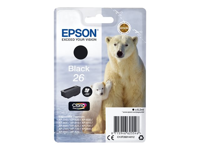 Epson 26 - 6.2 ml - black - original - ink cartridge - for Expression Premium XP-510, 520, 600, 605, 610, 615, 620, 625, 700, 710, 720, 800, 810, 820