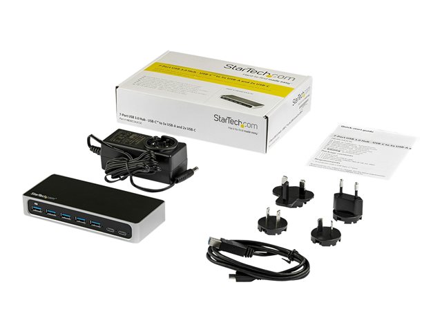 StarTech.com 7 Port USB C Hub with Fast Charge Port, USB-C to 5x USB-A 2x USB-C USB 3.0 (USB 3.1/3.2 Gen 1 SuperSpeed 5Gbps), Self Powered Type-C Hub w/ Power Adapter, Desktop/Laptop Hub - Windows/macOS/Linux (HB30C5A2CSC) - Hub - 5 x SuperSpeed USB 3.0 + 2 x USB-C - desktop