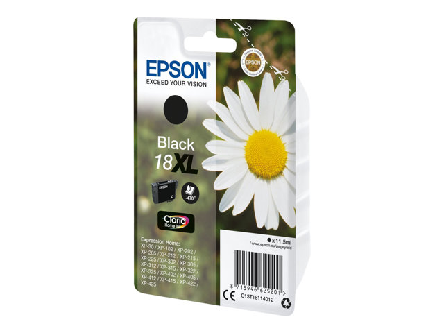 Epson 18XL - 11.5 ml - XL - black - original - ink cartridge - for Expression Home XP-212, 215, 225, 312, 315, 322, 325, 412, 415, 422, 425