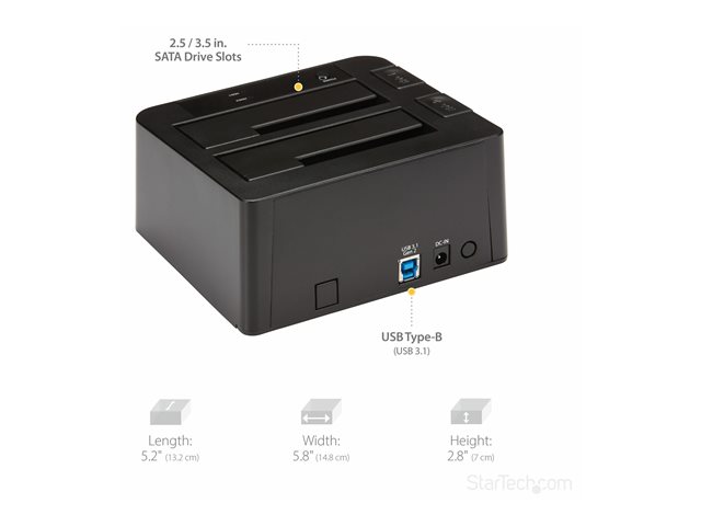 StarTech.com Dual-Bay USB 3.1 to SATA Hard Drive Docking Station, USB 3.1 (10 Gbps) Hard Drive Dock, External 2.53.5 SATA IIIIII, SSDHDD Docking Station, Hot-Swap Hard Drive Bay - Top-Loading - Storage controller - 2.5\", 3.5\" - USB 3.1 (Gen 2) - black