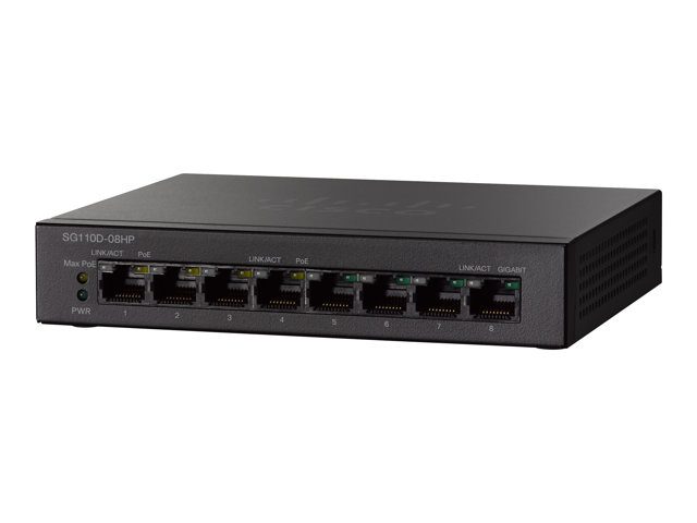 Cisco Small Business SG110D-08HP - Switch - unmanaged - 4 x 10/100/1000 + 4 x 10/100/1000 (PoE) - desktop, wall-mountable - PoE (32 W) - DC power - refurbished