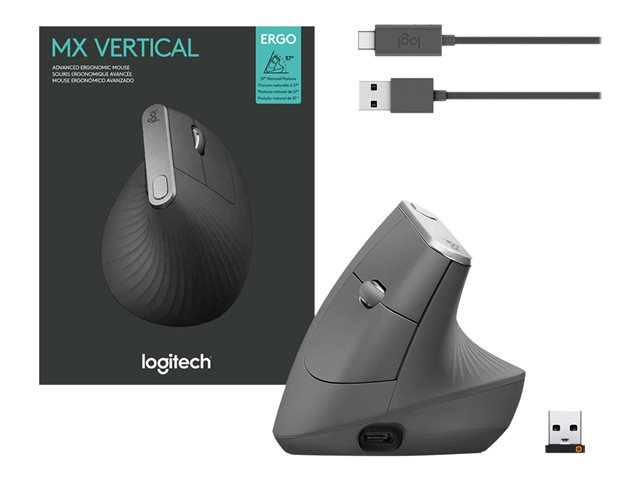 Logitech MX Vertical - Vertical mouse - ergonomic - optical - 6 buttons - wireless, wired - Bluetooth, 2.4 GHz - USB wireless receiver - graphite