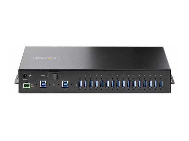 StarTech.com 16-Port Industrial USB 5Gbps Hub with Power Adapter, Metal Enclosure, Mountable, ESD Protection, Terminal Block Power, USB Charging, Dual-Host Switch - TAA - Hub - 16 x USB 3.2 Gen 1 - desktop, rack-mountable, wall-mountable, DIN rail mountable - TAA Compliant