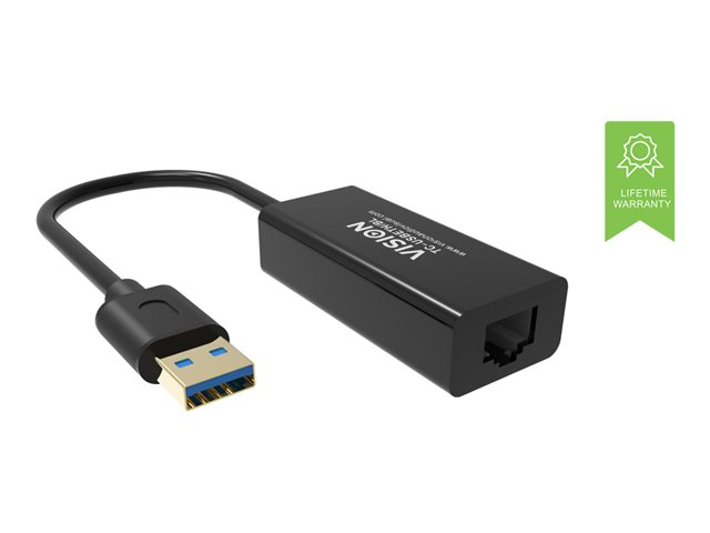 VISION Professional installation-grade USB-A to RJ45 Ethernet network adapter - LIFETIME WARRANTY - 100/1000 mbps - fast ethernet mac - supports suspend/resume detection logic and control endpoint - USB-A 3.0 (M) to shielded RJ45 (F) - driver on USB adaptor - black