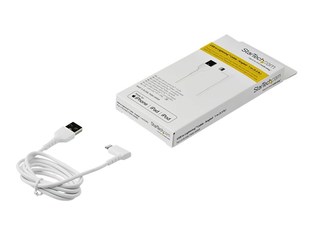StarTech.com 3ft (1m) Durable USB A to Lightning Cable, White 90° Right Angled Heavy Duty Rugged Aramid Fiber USB Type A to Lightning Charging/Sync Cord, Apple MFi Certified, iPhone 12 Pro - iPhone 7/8/11/11 Pro - Lightning cable - Lightning male angled to USB male - 1 m - double shielded - white