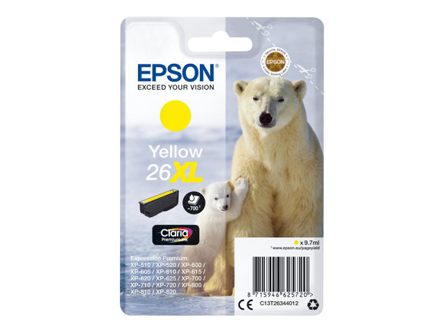 Epson 26XL - 9.7 ml - XL - yellow - original - blister with RF/acoustic alarm - ink cartridge - for Expression Premium XP-510, 520, 600, 605, 610, 615, 620, 625, 700, 710, 720, 800, 810, 820