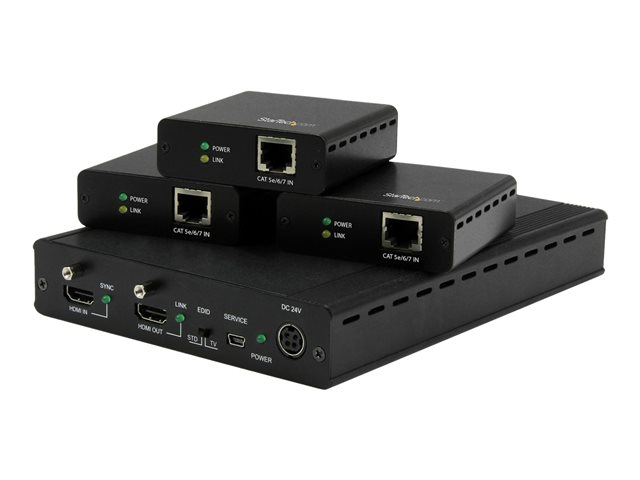 StarTech.com 3 Way HDMI Splitter - HDBaseT Extender Kit w/ 3 Receivers - 1x3 HDMI over CAT5e / CAT6 Splitter - 3 Port HDBaseT HDMI Extender - Up to 4K (ST124HDBT) - Video/audio extender - up to 70 m