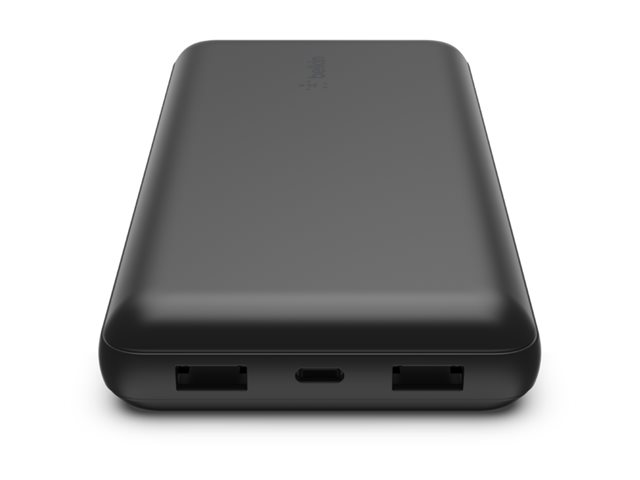 Belkin BoostCharge - Power bank - 20000 mAh - 15 Watt - 3 A - 3 output connectors (24 pin USB-C, 2 x USB) - on cable: USB-C - black