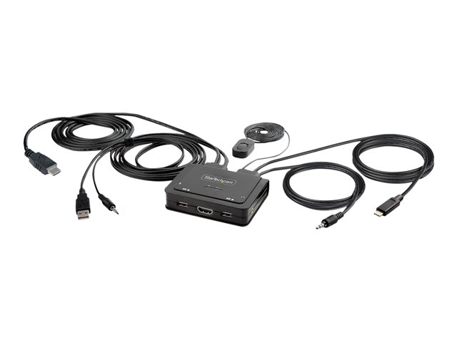 StarTech.com 2-Port Hybrid USB-C HDMI Cable KVM Switch, 4K 60Hz, Compact KVM with 6ft/1.8m USB-A/HDMI/Audio & 4ft/1.2m USB-C Integrated Host Cables, Bus Powered - Remote Push Button/Hotkey Switching (C2-H46-UAC-CBL-KVM) - KVM / audio / USB switch - compact - 2 x KVM / audio / USB - 1 local user - desktop