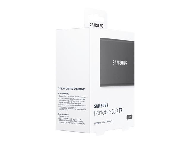 Samsung T7 MU-PC1T0T - Solid state drive - encrypted - 1 TB - external (portable) - USB 3.2 Gen 2 (USB-C connector) - 256-bit AES - titan grey
