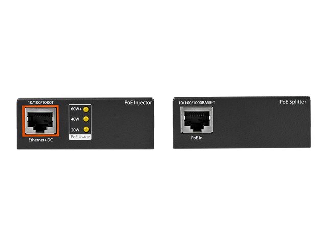 StarTech.com 1 Port Gigabit PoE Injector & Splitter Kit, 60W High Power over Ethernet Injector 100m/12-24V DC Splitter 802.3bt Midspan Single Port Ultra PoE LAN/RJ45 Security/Monitoring - PoE Injector/Splitter (UPOESPLT1G) - PoE injector + PoE splitter - 60 Watt - black, brown