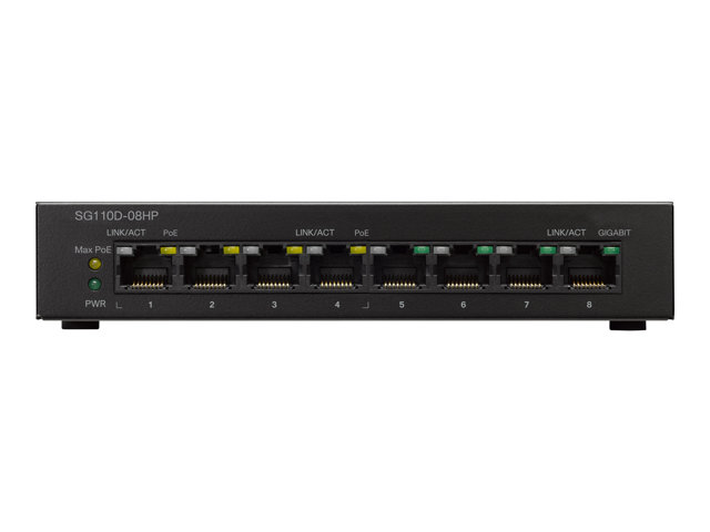 Cisco Small Business SG110D-08HP - Switch - unmanaged - 4 x 10/100/1000 + 4 x 10/100/1000 (PoE) - desktop, wall-mountable - PoE (32 W) - DC power - refurbished