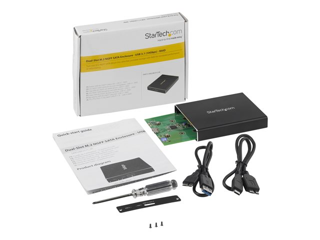 StarTech.com Dual-Slot Hard Drive Enclosure for M.2 SATA SSDs - USB 3.1 (10Gbps) - Aluminum - M.2 to SATA - Raid Drive Enclosure (SM22BU31C3R) - Flash storage array - 2 bays - USB 3.1 (external) - for P/N: TBLT3MM1MA, TBLT3MM2M, TBLT3MM2MA