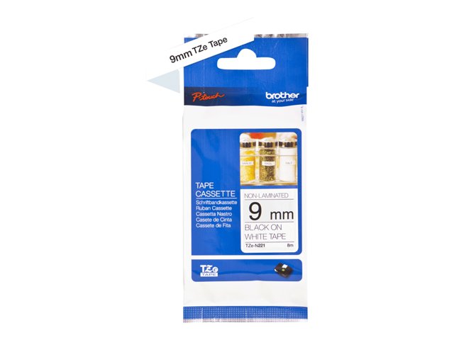 Brother TZe-N221 - Black on white - Roll (0.9 cm x 8 m) 1 cassette(s) non-laminated tape - for Brother PT-D600, H110, P-Touch PT-1005, 1010, D210, D450, E310, E550, H110, P900, P950
