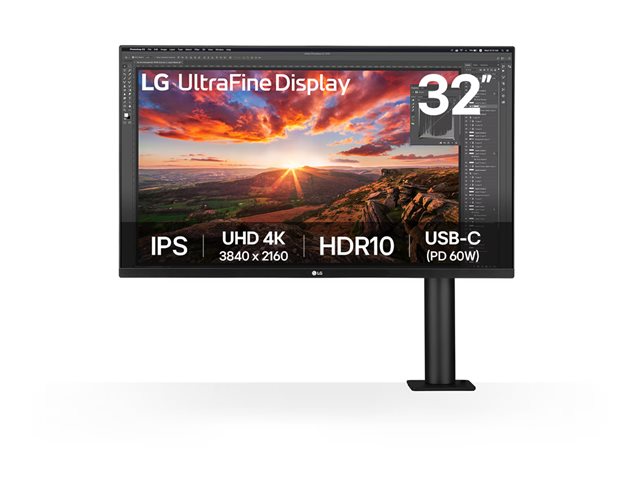 LG UltraFine Ergo 32UN880K-B - LED monitor - 32\" (31.5\" viewable) - 3840 x 2160 4K UHD (2160p) @ 60 Hz - IPS - 350 cd/m² - 1000:1 - HDR10 - 5 ms - 2xHDMI, DisplayPort, USB-C - speakers