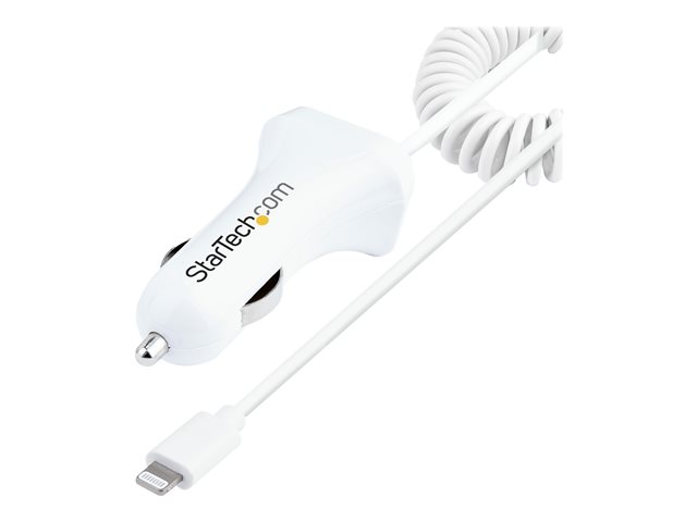 StarTech.com Lightning Car Charger with 1m Coiled Lightning Cable, 12W, White, 2 Port USB Car Charger Adapter for Phones and Tablets, In Car Apple iPhone/iPad Charger w/ Built-in Cord - Dual USB Car Charger (USBLT2PCARW2) - Car power adapter - 12 Watt - 4.2 A - 2 output connectors (USB, Lightning) - white