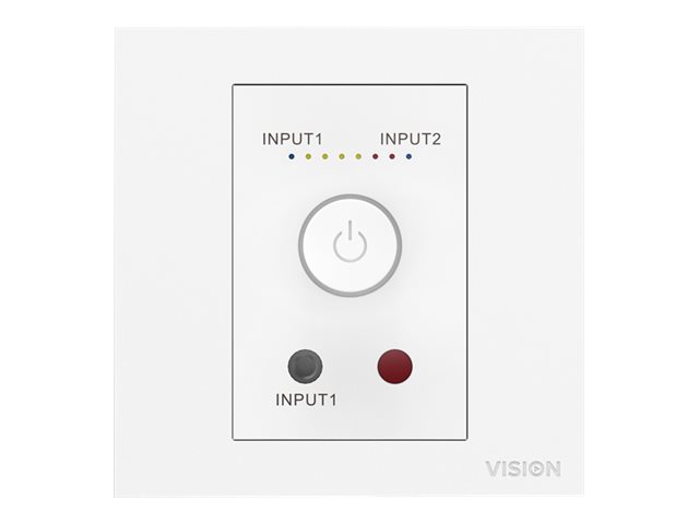 VISION Techconnect Faceplate Audio Amplifier - LIFETIME WARRANTY - 2 x 25w (RMS @ 8 Ohms) - Two inputs (input 1 duplicated on front) - Remote control - comes on at preset level or resume previous volume - UK surround and backbox included - can drive two pairs of speakers