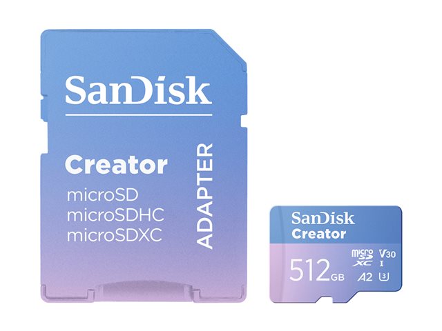 SanDisk Creator - Flash memory card (microSDXC to SD adapter included) - 512 GB - A2 / Video Class V30 / UHS-I U3 - microSDXC UHS-I