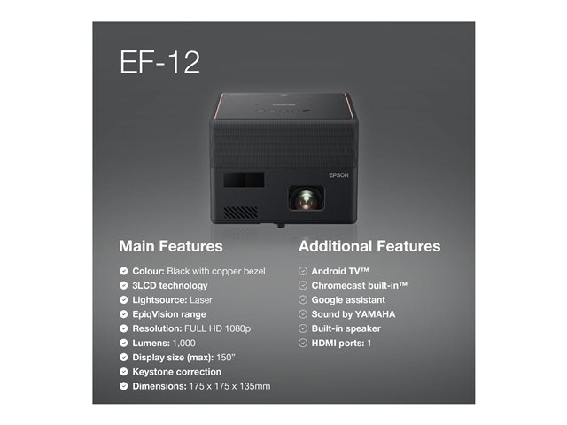 Epson EF-12 - 3LCD projector - portable - 1000 lumens (white) - 1000 lumens (colour) - Full HD (1920 x 1080) - 16:9 - black - Android TV