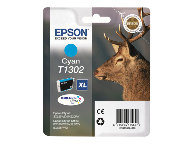 Epson T1302 - 10.1 ml - cyan - original - hang pack - ink cartridge (alternative for: Epson T1302) - for Stylus Office BX630, BX635, BX935, WorkForce WF-3010, 3520, 3530, 3540, 7015, 7515, 7525