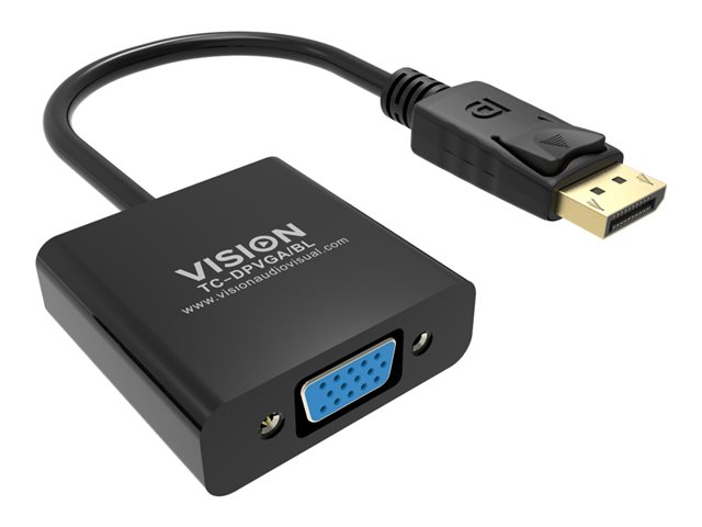 VISION Professional installation-grade DisplayPort to VGA adaptor - LIFETIME WARRANTY - maximum resolution 1920 x 1080 - does not convert VGA to DP - hotplug - DP (M) to VGA (F) - overall length 150 mm - outer diameter 5.5 mm - 32 AWG - black