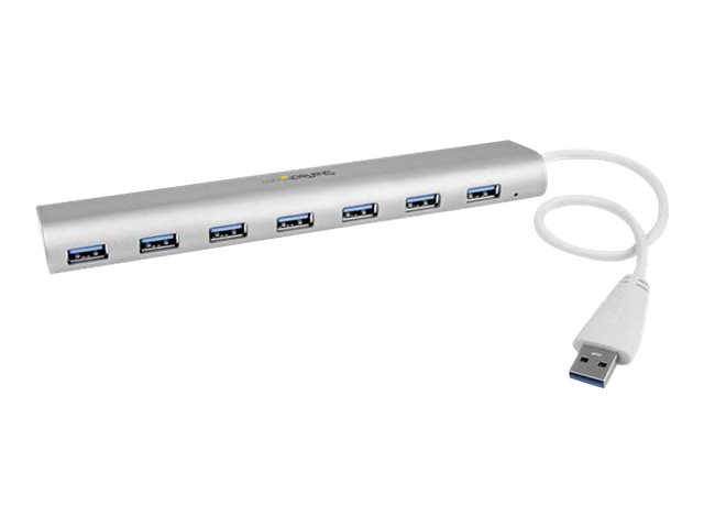 StarTech.com 7 Port Compact USB 3.0 Hub with Built-in Cable - Aluminum USB Hub - Silver USB3 Hub with 20W Power Adapter (ST73007UA) - USB peripheral sharing switch - 7 x SuperSpeed USB 3.0 - desktop