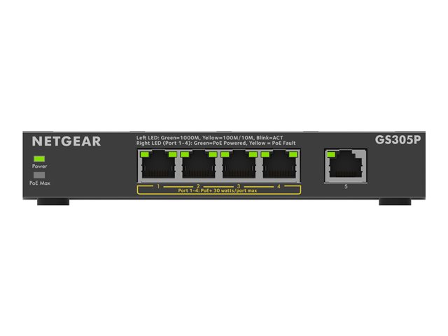 NETGEAR 300 Series GS305P - Version 3 - switch - SOHO - unmanaged - 5 x 10/100/1000 (4 PoE+) - desktop, wall-mountable - PoE+ (63 W)