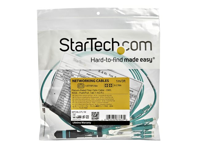 StarTech.com MTP to LC Breakout Cable - 10 ft / 3m - OM3 Multimode - 40Gb - Pull Tab - Plenum - MPO / MTP Connector - Fiber Optic Cable (MPO8LCPL3M) - Breakout cable - MTP/MPO multi-mode (F) push/pull to LC multi-mode (M) push/pull - 3 m - fibre opti