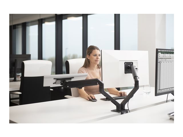 VISION Monitor Desk Arm Mount - LIFETIME WARRANTY - fits display 10-34\" with VESA sizes 75 x 75 or 100 x 100 - double-articulated - clamp or grommet to desk - rotate to portrait - smart spring-assisted weight balancing system - maximum reach 463 mm / 18.2\" - SWL 7 kg / 15 lb - matt black