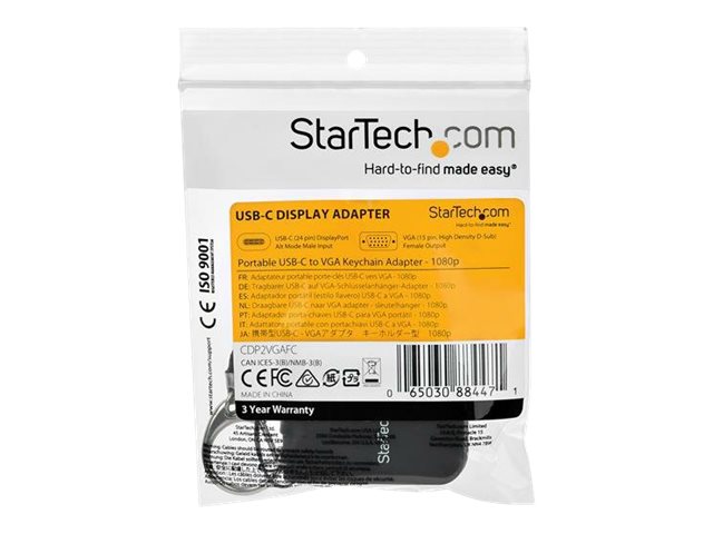 StarTech.com Compact USB C to VGA Adapter, 1080p 60Hz USB Type-C to VGA Video Display Converter with Keychain Ring, Active USB-C DP Alt Mode to VGA Monitor Dongle, Thunderbolt 3 Compatible - USB-C Keychain Adapter (CDP2VGAFC) - Adapter - 24 pin USB-C male to HD-15 (VGA) female - black - 1080p support