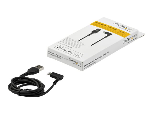 StarTech.com 3ft (1m) Durable USB A to Lightning Cable, Black 90° Right Angled Heavy Duty Rugged Aramid Fiber USB Type A to Lightning Charging/Sync Cord, Apple MFi Certified, iPhone 12 Pro - iPhone 7/8/11/11 Pro - Lightning cable - Lightning male angled to USB male - 1 m - double shielded - black