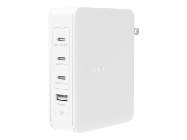 Belkin BoostCharge Pro - Power adapter - GaN technology - 140 Watt - Fast Charge, Power Delivery 3.1 - 4 output connectors (3 x USB-C, USB) - white