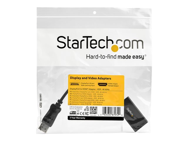 StarTech.com DisplayPort to HDMI Adapter, 4K 60Hz HDR10 Active DisplayPort 1.4 to HDMI 2.0b Video Converter, 4K DP to HDMI Adapter Dongle for Monitor/Display/TV, Latching DP Connector - Ultra HD, EMI Shielding (DP2HD4K60H) - Adapter - DisplayPort male latched to HDMI female - 25.16 cm - shielded - black - 4K support - for P/N: ST121HD20FXA, SV231DHU34K6, SV231HU34K6, SV431HU34K6