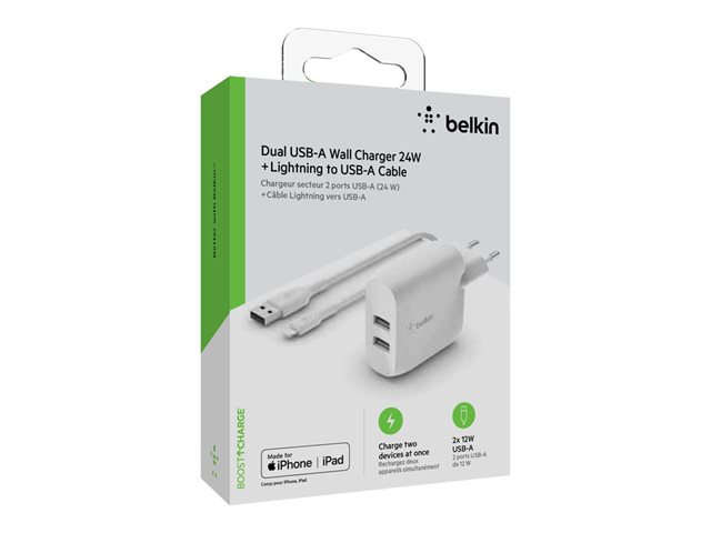 Belkin BoostCharge - Power adapter - 24 Watt - 2 output connectors (USB) - white