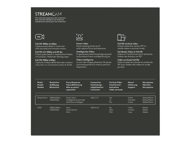 Logitech StreamCam - Live streaming camera - colour - 1920 x 1080 - 1080p - audio - USB-C 3.1 Gen 1 - MJPEG, YUY2