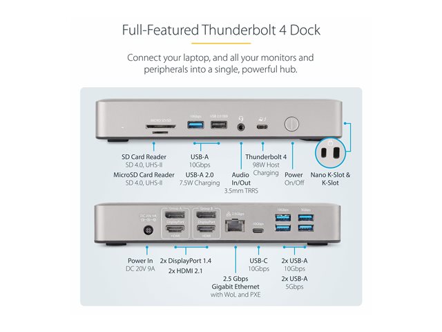 StarTech.com Thunderbolt 4 Multi-Display Docking Station, Quad/Triple/Dual Monitor Dock, 2x HDMI/2x DisplayPort, 7x USB Hub, 2.5 Gigabit Ethernet, 98W Power Delivery, for Windows/MacBook - TB4 Host Cable (132UE-TB4USB4DOCK) - Docking station - Thunderbolt 4 - 2 x DP, 2 x HDMI - 1GbE - 180 Watt